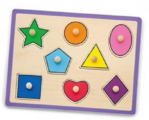 Shapes Peg Puzzle with eight easy-grasp peg pieces with brightly coloured shapes. Order Code 50015