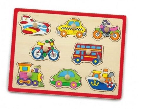 Transport Peg Puzzle with eight easy-grasp peg pieces with brightly coloured shapes. Order Code 50016