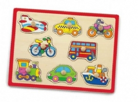 Transport Peg Puzzle with eight easy-grasp peg pieces with brightly coloured shapes. Order Code 50016