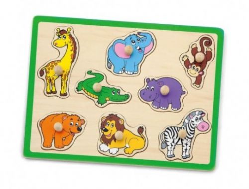 Wild Animals Peg Puzzle with eight easy-grasp peg pieces with brightly coloured shapes. Order Code 50019