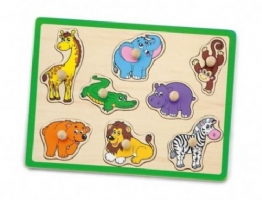 Wild Animals Peg Puzzle with eight easy-grasp peg pieces with brightly coloured shapes. Order Code 50019