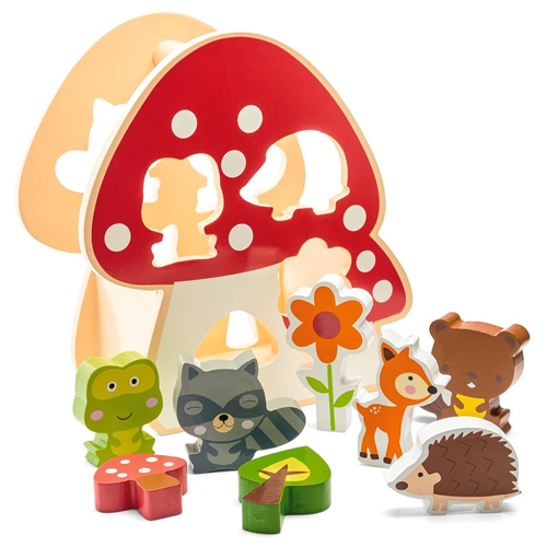 Wooden Toadstool Puzzle with 8 woodland figures ready to shape sort in to correct shaped hole Order Code 21929