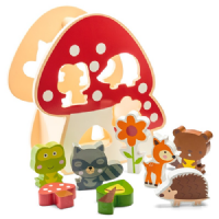 Wooden Toadstool Puzzle with 8 woodland figures ready to shape sort in to correct shaped hole Order Code 21929